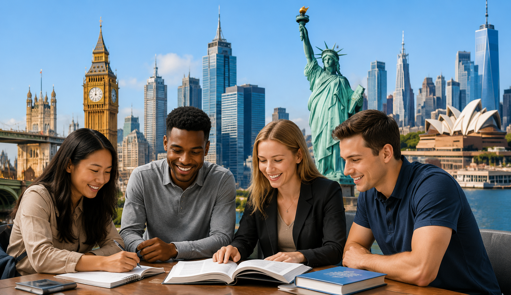 Students studying with famous global landmarks